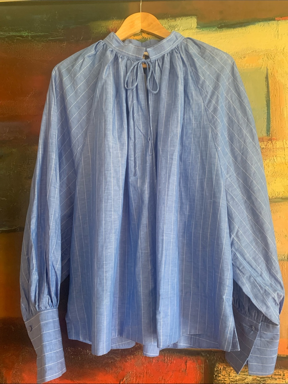 NWT H&M Oversized Striped Balloon Sleeve Cotton Linen Blouse, Sz M